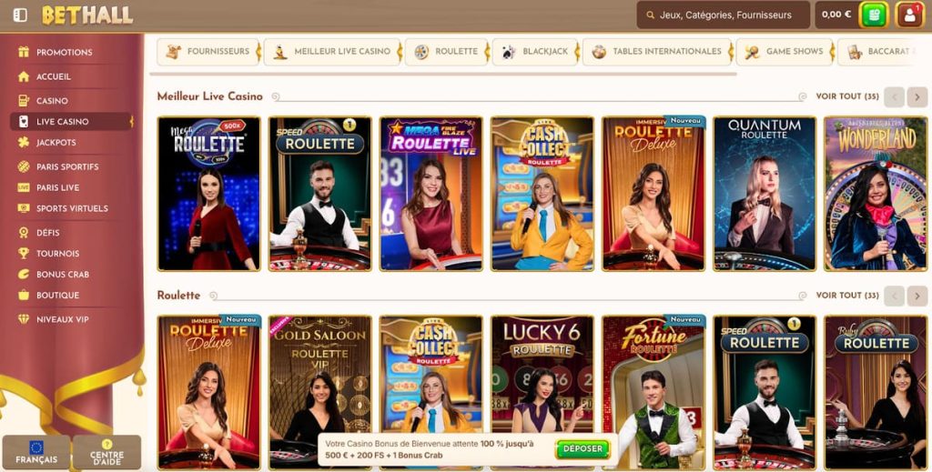 BetHall Casino jeux live